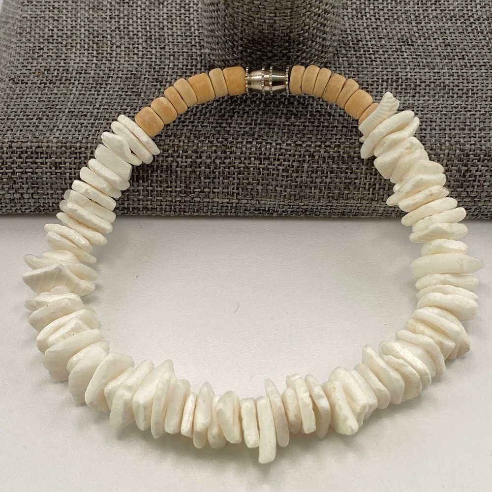 Vintage White Puka Shell Bracelet Heishi Wood Bead  8 Inch Beach Boho